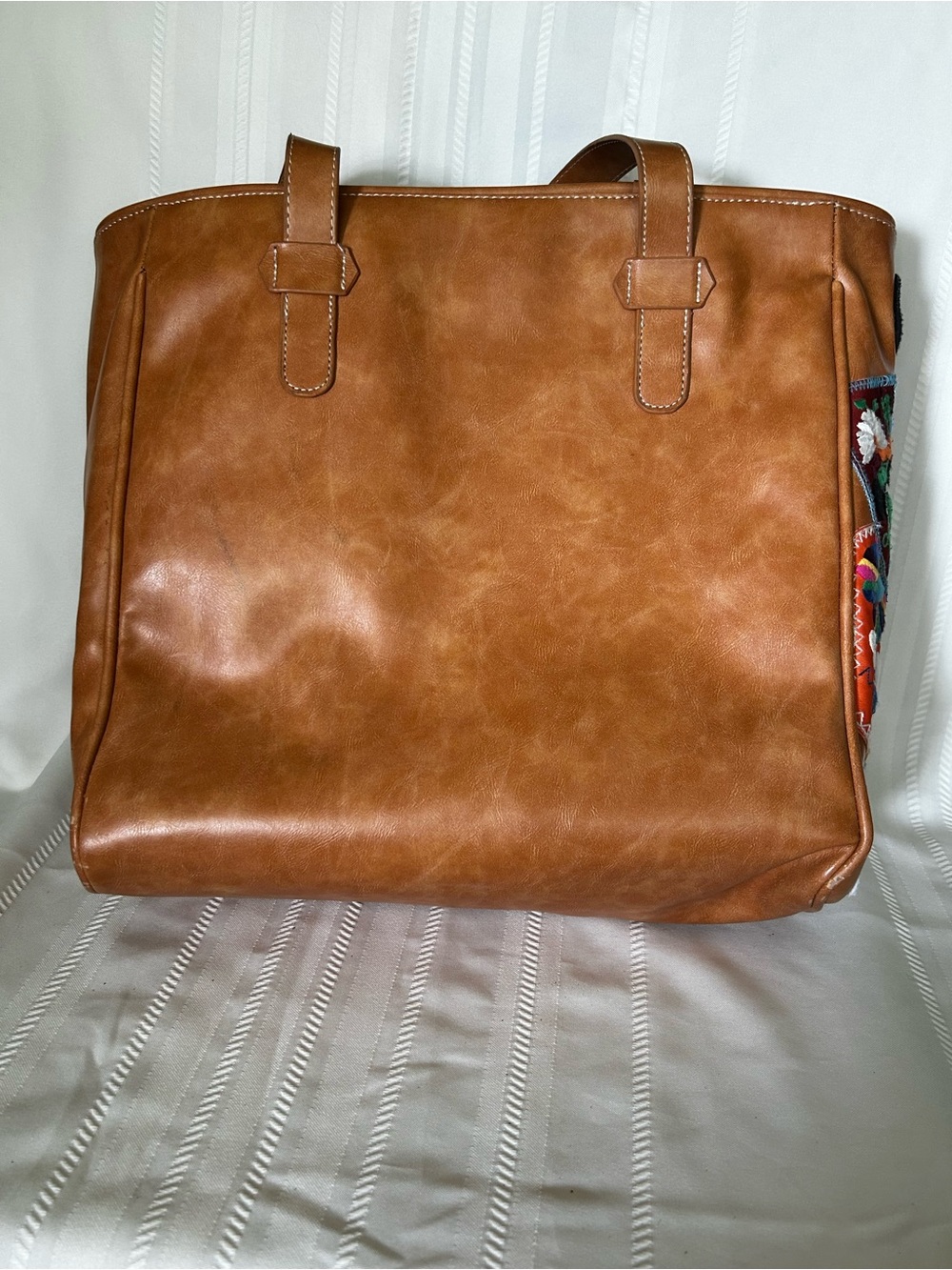 Plunder Tote Bag Camel Brown Faux Leather Multicolor Floral Bee Butterfly Patch - Picture 8 of 15